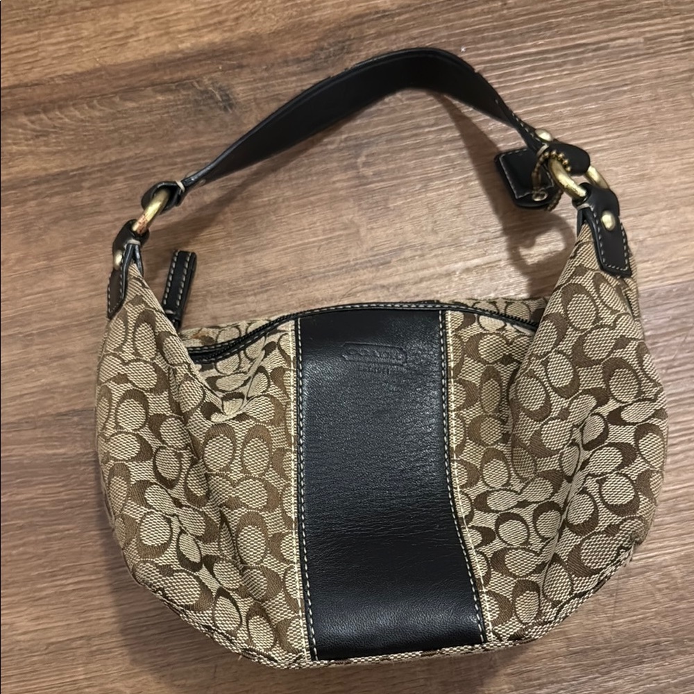Coach Tan and Black Signature Shoulder Bag